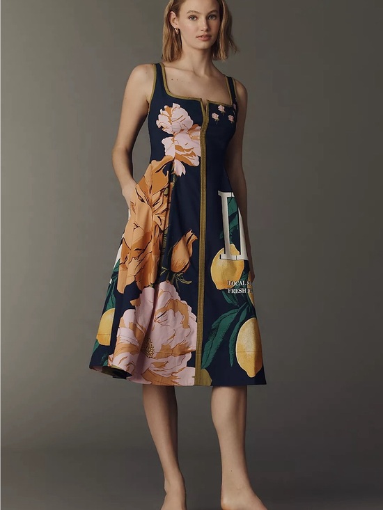 Maeve Dresses & Skirts - Maeve Navy Floral & Lemon Print Midi Dress